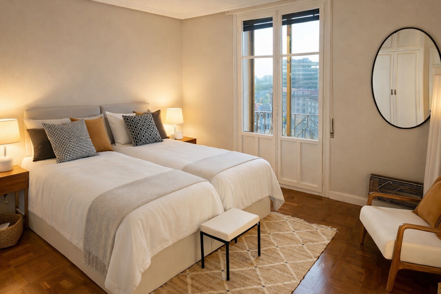 Dormitorio acogedor con balcón urbano