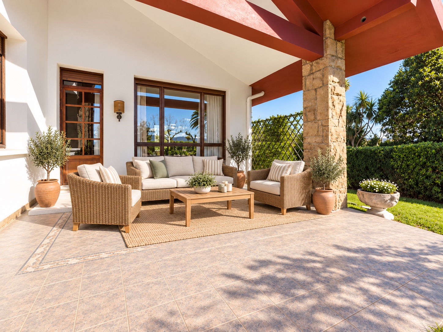 Terraza mediterránea con salón de mimbre